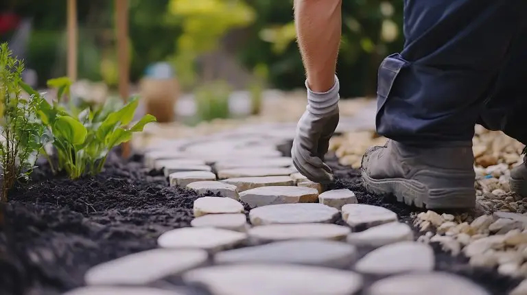 Landscaper installing a stone pathway in a backyard garden. Featuring landscaping work